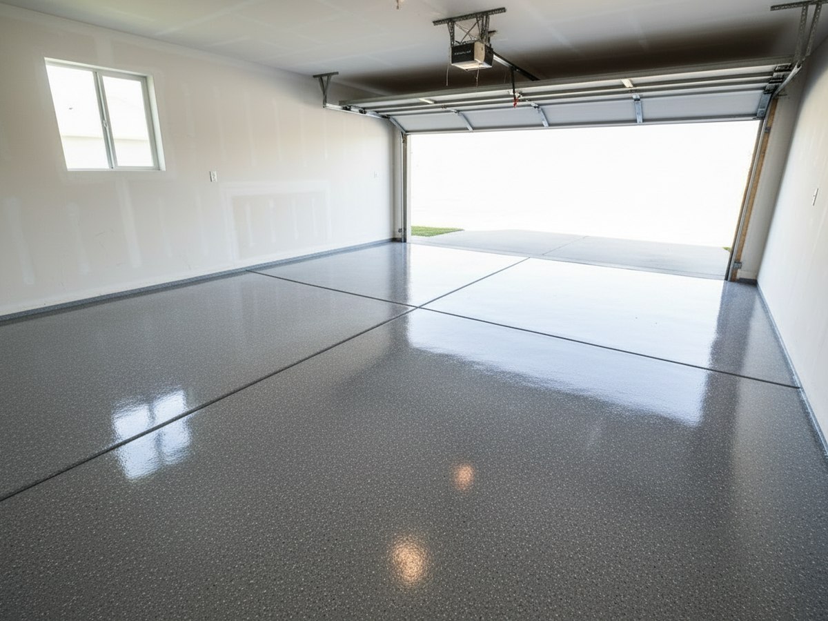 The same garage floor finished with a smooth, glossy epoxy coating