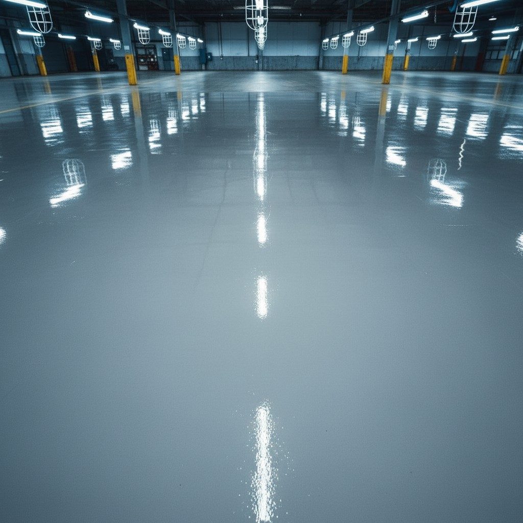Finished high-build commercial epoxy warehouse floor after coating, Boise Idaho