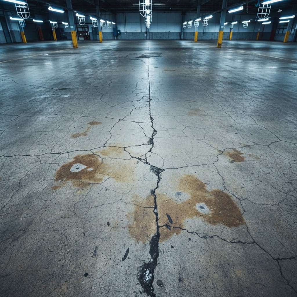 Bare, stained concrete warehouse floor before epoxy, Boise Idaho