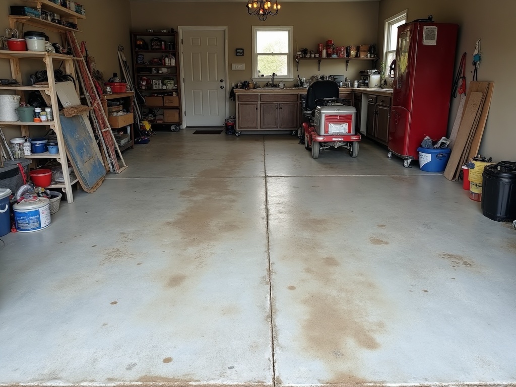 A worn, oil-stained, cracking bare concrete floor before a coating