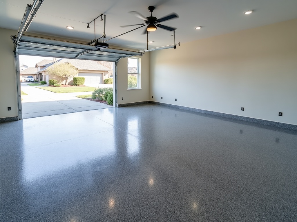 A glossy, seamless epoxy floor coating across a clean commercial shop space