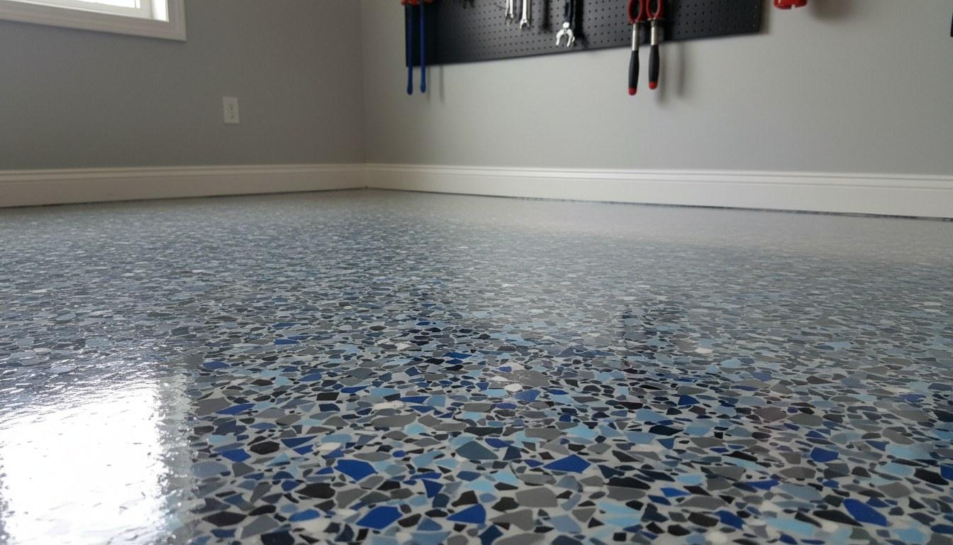 Flake broadcast epoxy floor with colorful decorative finish