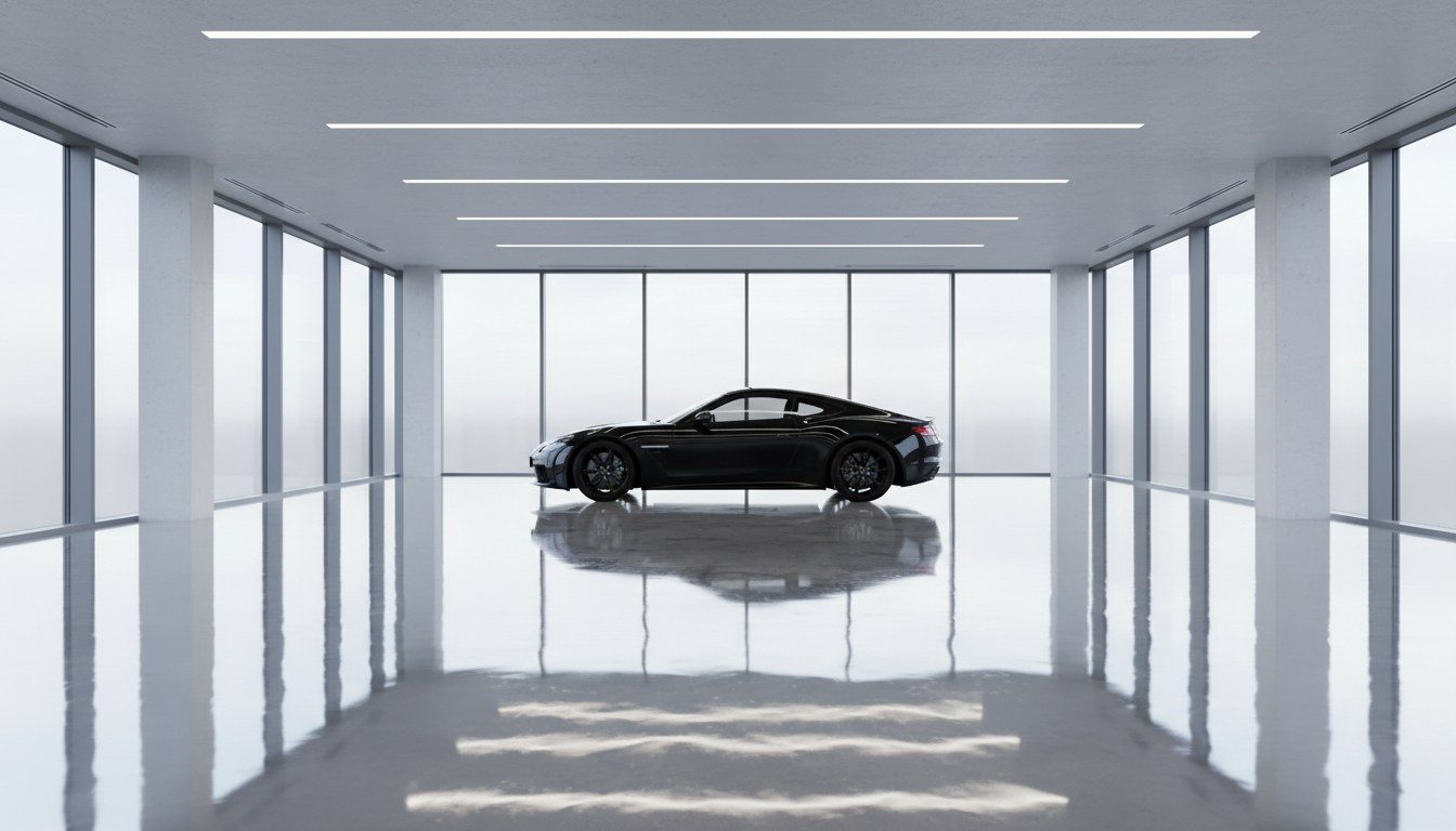 Showroom epoxy floor with metallic high-gloss finish